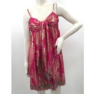 Gold Hawk Hot Pink Gold Brocade Beaded Babydoll Mini Dress S